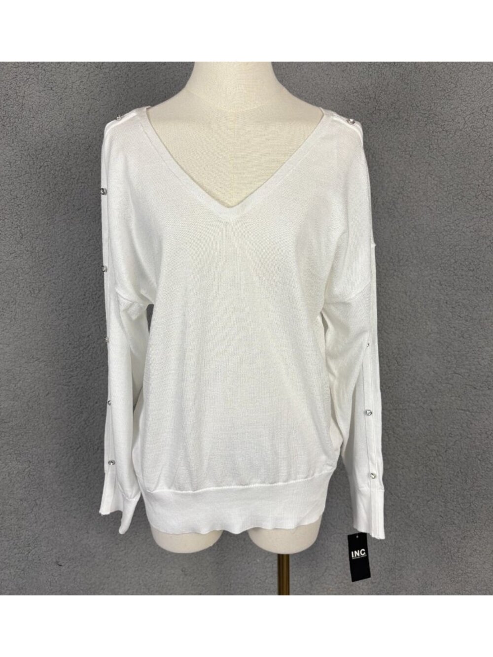 I.n.c. International Concepts Double V-Neck Rhinestone-Sleeve Top White Med NWTs